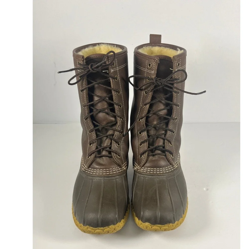 LL Bean Shearling Lined Bean Boots Mens 10M Brown Leather Duck Boots 1003580 USA